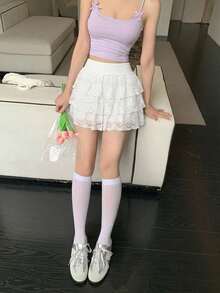 DAZY 女款蕾絲休閒可愛百褶韓風裙 夏季度假 白色校園風 - 白色 - 查看 6
