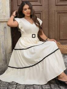 Lacomfia Plus Size Women's V-Neck Pleated Casual Boho Party Beach Dress Black And White Summer - Beige - View 6