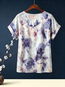 SHEIN Franclia 夏季法式水彩印花圓領短袖上衣 - 彩色 - 查看 4
