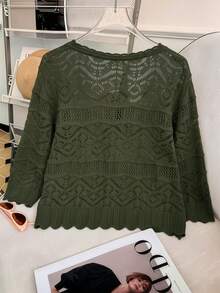SHEIN LUNE CURVE Cardigan Ukuran Besar Elegan dengan Detail Lubang, Lengan 3/4, Leher Bulat, dan Pita untuk Musim Gugur - Hijau Tentara - View 2