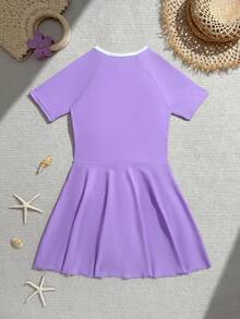 SHEIN Tween Girl Raglan Short Sleeve Colorblock Casual One-Piece Swimsuit Dress - Mauve Purple - View 2