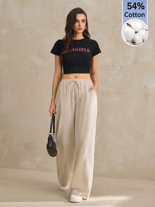 SHEIN Tall 女款條紋印花扭結口袋休閒長褲，適合高個女性 - 卡其色 - 查看 4