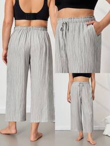 LUVLETTE Große Größen Sommer Natürlich Gemütlich Graue Weite Hose - Strukturierter Stoff & Kordelzug Taille Frische Leichte Lounge Hose Lässige Weite Beine - Grau - Übersicht 3