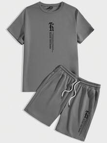 Sorvial Setelan 2 Potong Kaos dan Celana Pendek Pria Motif Slogan Abu-abu - Grey - View 2