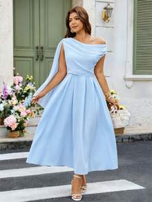 Elenzga Gaun Wanita Ukuran Besar Musim Panas Warna Polos dengan Bahu Asimetris dan Pita di Pinggang, Cocok untuk Pasar Seni, Konser Luar Ruangan, dan Gaun Malam Formal - Baby Blue - View 3