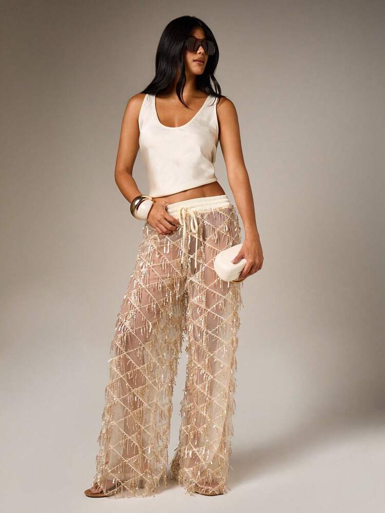 AiiRZ Luxe Sequin Embellished Wide Leg Pants With Gold Fringe Detail Perfect For Evening Party Festival Occasions