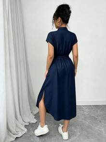 SHEIN Raffinéa Gaun Elegan Tanpa Lengan dengan Belahan dan Pita Warna Polos untuk Wanita - Royal Blue - View 2