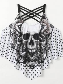 SHEIN Swim Curve 大尺碼女款夏季海灘度假骷髏印花分體式比基尼套裝 - 彩色 - 查看 4