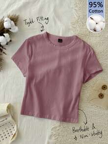 Tseoso 1 buah Kaos Kasual Minimalis Warna Polos Slim Fit, Cocok untuk Musim Panas, 95% Katun - Dusty Purple - View 1