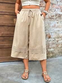 EMERY ROSE Plus Size Women Casual Elegant Khaki Summer Boho Vacation Holiday Pants,Full Elastic Bow-Tie Waist With Striped Hem Design,Loose Fit,Daily Work Wear - Khaki - View 3