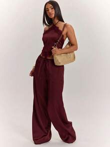 SHEIN BAE 女款蕾絲拼接掛脖上衣與長褲休閒日常套裝 - 紫紅色 - 查看 3