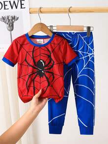 SHEIN Young Boy Casual Simple Slim Fit Comfortable Crew Neck Short Sleeve Long Pants Tight Home Wear Suitable For Spring And Summer, Classic Handsome Spider Web, Spider Hero Character Pattern Print - Multicolor - View 3