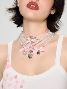 ROMWE Kawaii 5pcs/Set Colorful Geometric Bowknot & Beaded Necklace Set - Pink - View 3