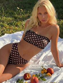 Swim Mod Women's Pink Plaid Cute Girl Ruffle Tie-Up Bandeau Bikini Set - Brown - View 3