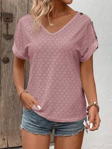 EMERY ROSE Women's Solid Color Button Design V-Neck Short Sleeve Casual T-Shirt - Rusty Rose - View 5