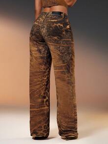 Denimoi Leopard Zebra Mixed Print Fashion Jeans Statement Denim Fashionable Streetwear Straight Leg, Concert Bottom - Brown - View 5