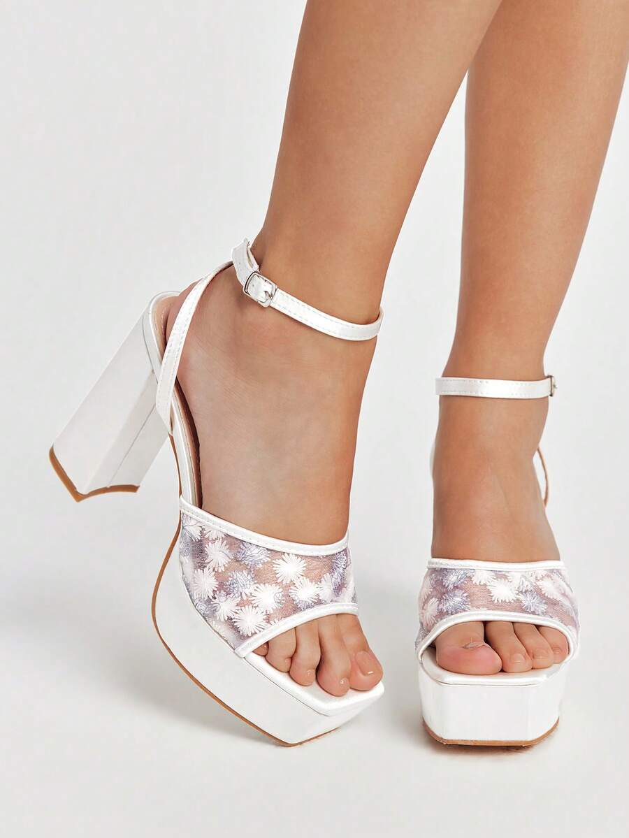 ROMWE Kawaii Women's Shoes Fashion Mesh Flower Embroidery Square Toe Open-Toed Ankle Buckle Strap High Heels Women's Elegant Romantic Comfortable Versatile Thick Heel Sandals - Snowflake White - View 1