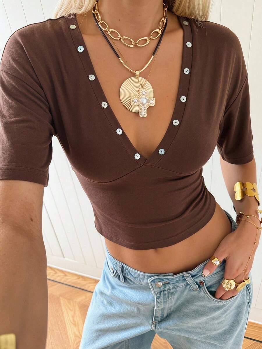 SHEIN EZwear Áo thun ngắn tay nữ cổ chữ V sâu, ôm sát, thích hợp mặc hàng ngày. - Cà phê nâu - Xem 1