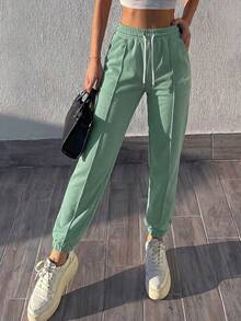 EURMUSE Pantalones deportivos con bordado de letra de cintura con cordón - Verde Oliva - Ver 5