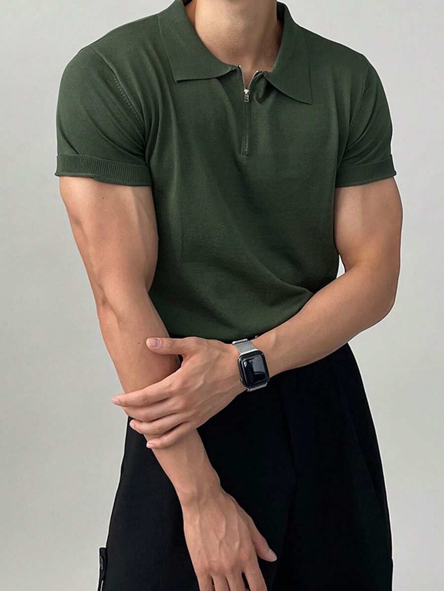 DAZY Men's Polo Collar Half-Zip Short Sleeve Knit Top, Back To School Easter - Green - View 1