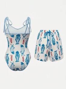 Swim Oasis 26SS 春夏度假魚骨波希米亞風泳衣，一件式與兩件式短褲套裝 - 藍色 - 查看 2