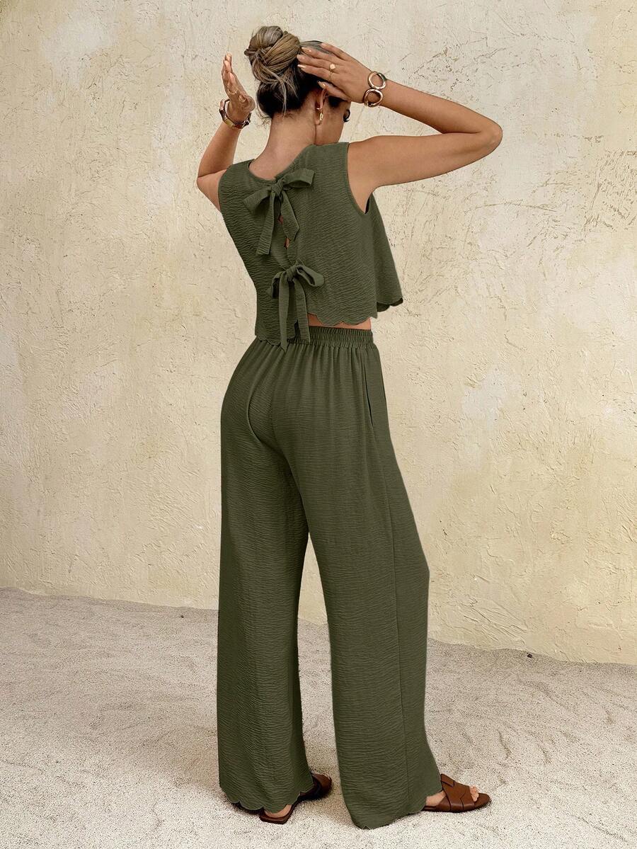 SHEIN Frenchy Women's Solid Color Back Knot Sleeveless Shirt And Pants 2pcs Set For Vacation - Army Green - View 1
