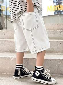 Pantalones cortos de tejido casual de unicolor holgado y pierna recta para niños preadolescentes - Blanco - Ver 1