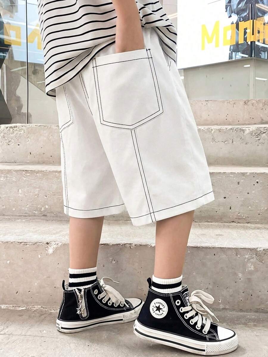 Pantalones cortos de tejido casual de unicolor holgado y pierna recta para niños preadolescentes - Blanco - Ver 1