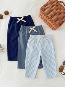 3pcs Baby Boys/Girls Elastic Waist Pants Set With Decorative Ribbon, Versatile & Comfortable For Outings, Street Style, Home, Party - Multicolor - View 5