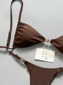 Swim Mod Women's Spring/Summer Solid Color Spaghetti Strap Metal Decor Bikini Set - Brown - View 7
