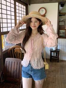 DAZY 女款長袖素色紋理韓風春夏上衣 - 粉色 - 查看 2