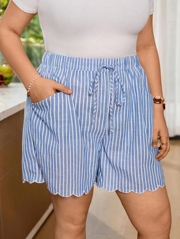 Plus Size Women's Waist Tie Striped Pocket Casual Shorts