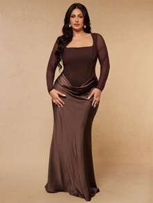SHEIN BAE CURVE Plus Size Women's Brown Long Sleeve Square Neck Mesh Elegant Dress - Brown - View 4