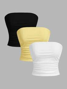 SHEIN EZwear 3pcs/Set Women's Casual Ruched Fitted Bandeau Top Set - Multicolor - View 11