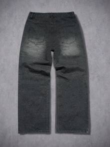 Manfinity Roughcore Men's Gothic Street Style Distressed Fringe Washed Straight Leg Wide Jeans - Black - View 2