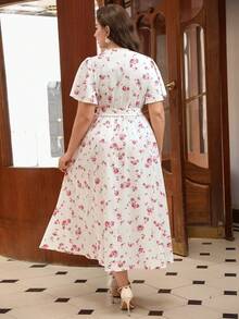 SHEIN Clasi Summer V-Neck Floral Wrap Dress With Pink Roses On White Background, Plus Size - Multicolor - View 2
