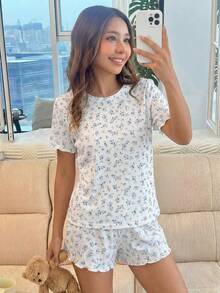 SHEIN 青少年女孩碎花圓領T恤短褲居家服，休閒款 - 藍白色 - 查看 3