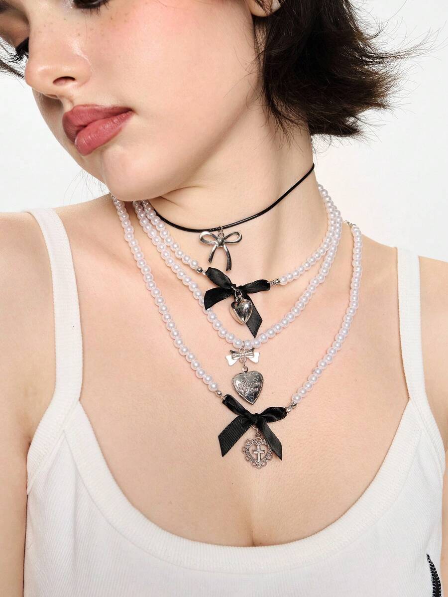 ROMWE Kawaii 5件套几何时尚粉色蝴蝶结和白色串珠项链套装 - 黑色 - 查看 1