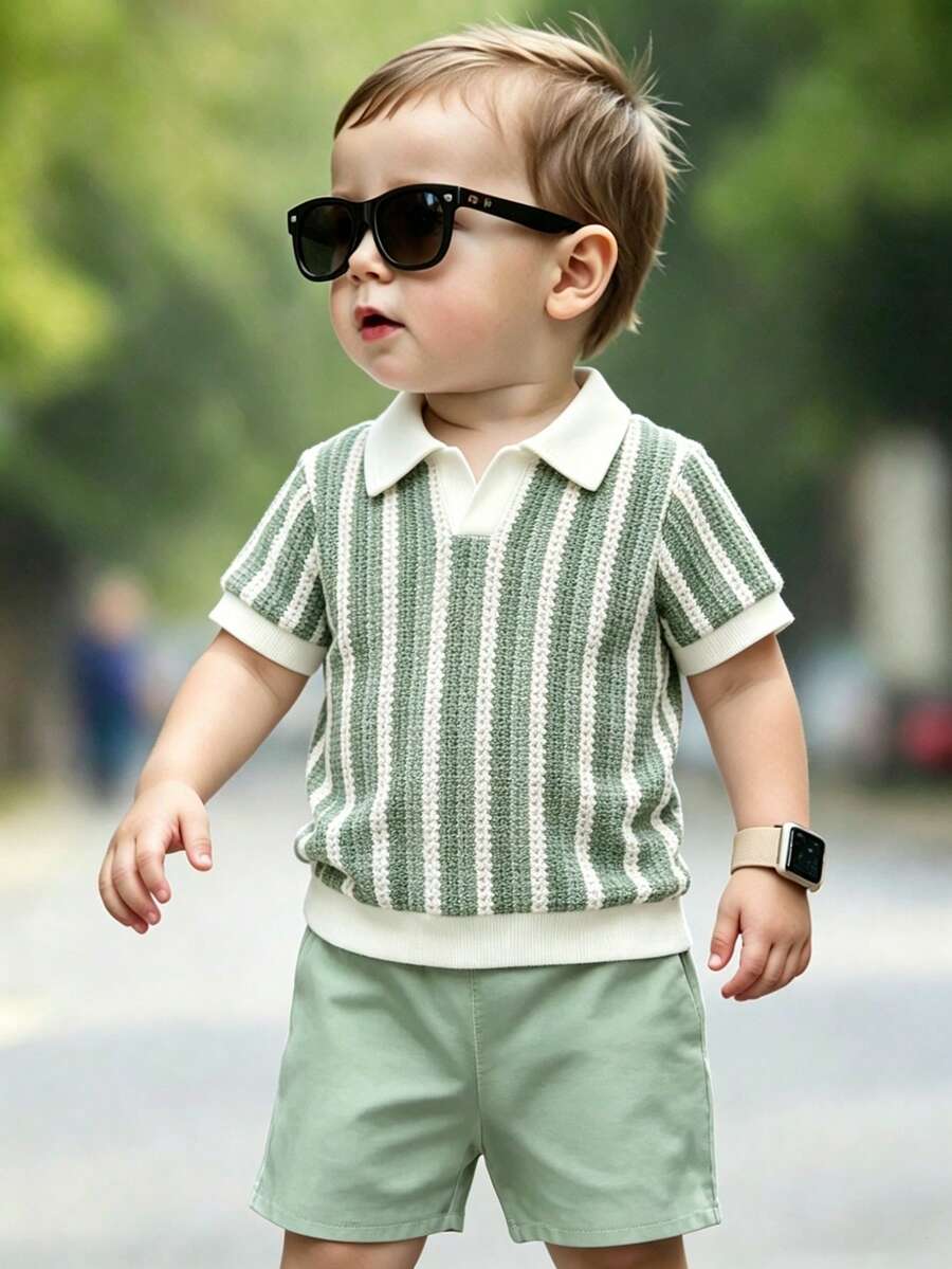 Vintaside Kids طقم ملابس علوية أكمام قصيرة رقبة على شكل V مخطط باللونين الأسود والخاكي مع شورت بدون خصر مطابق للأطفال الصغار في فصل الصيف