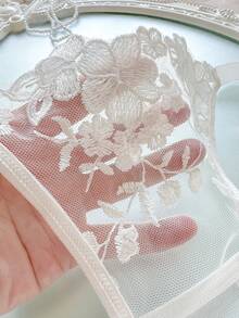 SHEIN Set Lingerie Wanita Warna Biru Langit dengan Bordir dan Tali Pengikat, 2 Potong - Putih - View 4