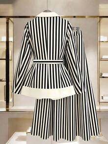 GlowEve CURVE Plus Size Women's Spring/Summer Classic Striped Patchwork Design Business Fashion Long Sleeve Blazer And Minimalist A-Line Striped Skirt Suit Set, Business Commute Daily - Multicolor - View 2