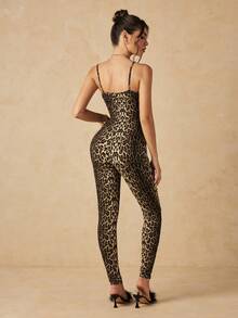 HautHeat Women's Leopard Print Lace Strappy Sexy Lingerie Jumpsuit - Coffee Brown - View 2
