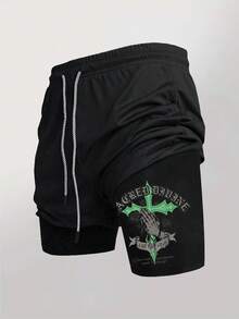 Gym Rark Men's Summer Casual Letter Print Drawstring Hooded Tank Top And Shorts Sports Set, Gym - Black - View 3