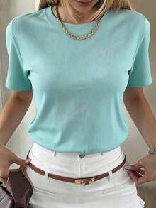 DAZY Summer Casual Versatile Solid Color Short Sleeve T-Shirt - Green - View 4
