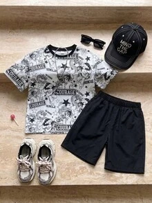 2piezas/Set Conjunto de Camiseta de Manga Corta con Cuello Redondo y Pantalones Cortos Estilo Casual Coreano Holgado con Gráfico de Anime y Letras para Niños Preadolescentes, Adecuado para Ir al Trabajo, Escuela, Uso Casual Diario, Salidas, Deportes, Primavera y Verano - Blanco y Negro - Ver 3