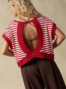 VARSITIE Women's Summer Casual Athleisure Red And White Stripe Back Cut-Out Batwing Sleeve Sports T-Shirt Gym - Multicolor - View 7