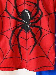 SHEIN Young Boy Casual Simple Slim Fit Comfortable Crew Neck Short Sleeve Long Pants Tight Home Wear Suitable For Spring And Summer, Classic Handsome Spider Web, Spider Hero Character Pattern Print - Multicolor - View 5