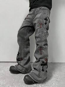 ROMWE MEN Grunge Punk 男士休闲时尚街头十字绣宽松直筒牛仔裤 - 灰色 - 查看 4
