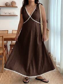 Enliva Plus-Size Women's Sleeveless Color Block Midi Dress Chic Summer Vacation Casual, For Apple And Rounded Body Shape - Brown - View 3