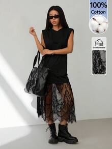 SHEIN PETITE 女款黑色時尚蕾絲拼接無袖長洋裝，夏季休閒純色柔軟洋裝，適合夜生活、度假、通勤，適合嬌小女性 - 黑色 - 查看 1